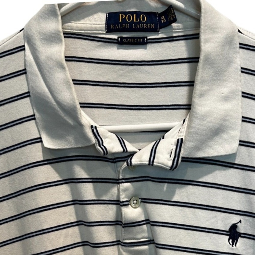 Polo Ralph Lauren Polo Shirt XL Mens White Navy Blue Striped Classic Fit Cotton